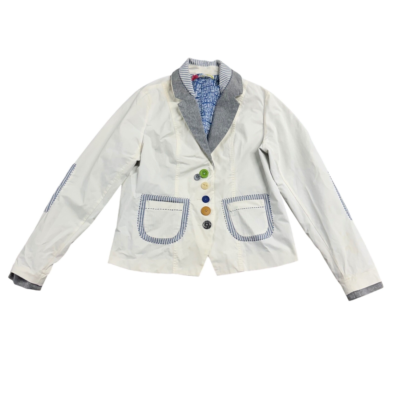 Desigual White Retro Button Blazer Upcycled Jacket Designer Art Luxury Boho